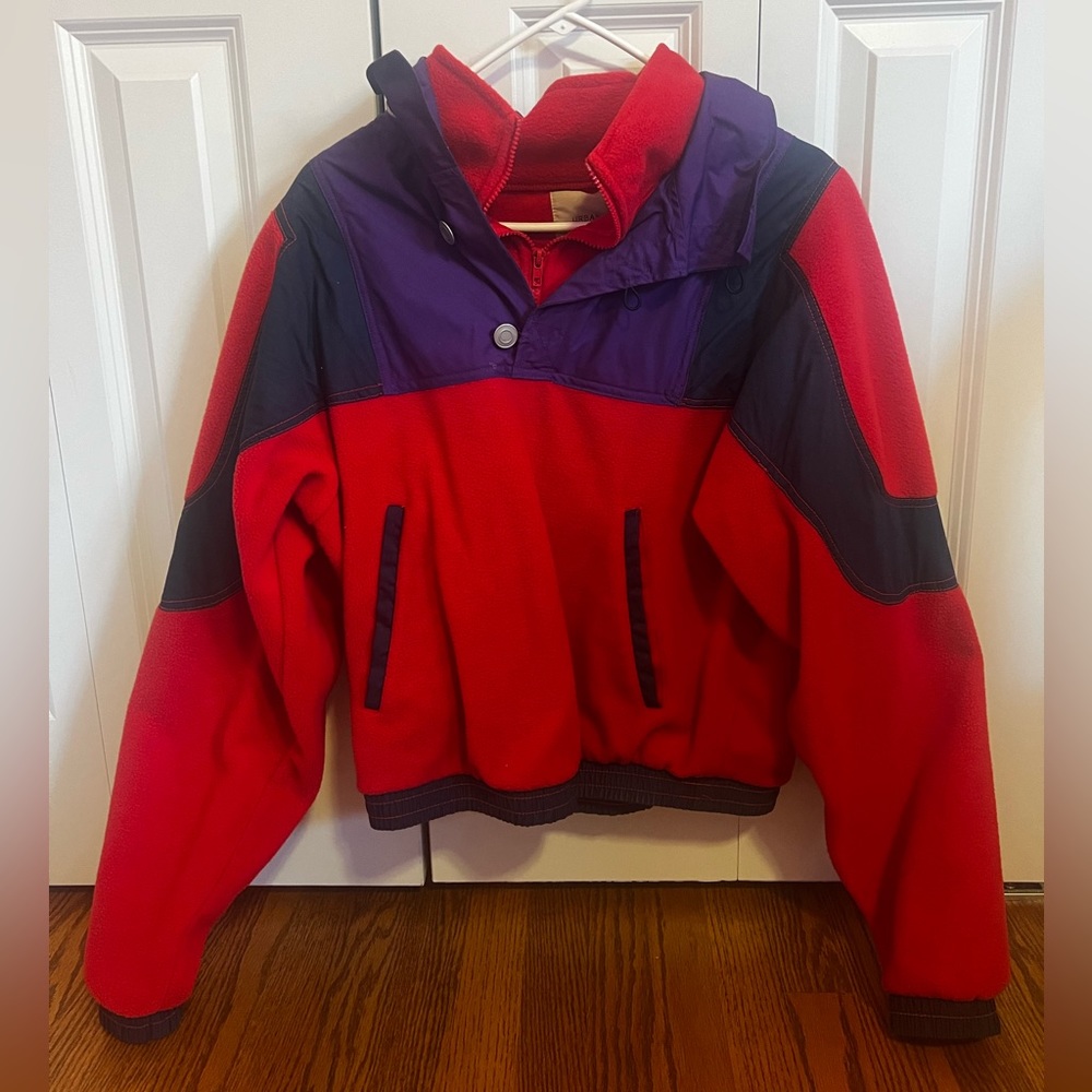 Red, purple, and blue fleece/nylon pullover from Urban Outfitters. Size Small